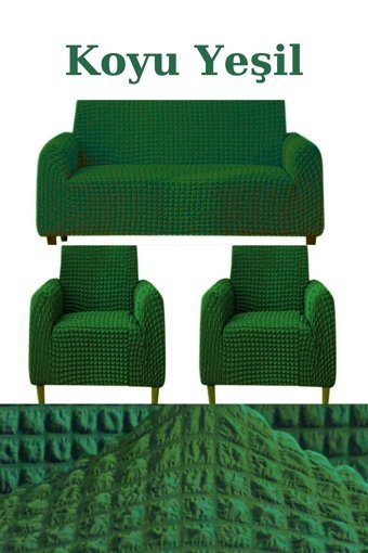Uytm Polyester Bürümcük-Likralı Süngerli Çizgili Giydirmeli Yeşil Üçlü Koltuk Örtüsü 180x230 cm