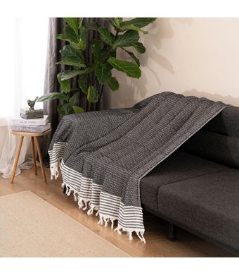 Dafne Moda Naturel Pamuklu Kanvas Saçaklı Süngersiz Armürlü Siyah Üçlü Koltuk Örtüsü 170x210 cm