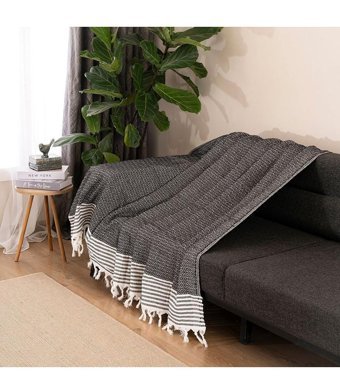 Dafne Moda Naturel Pamuklu Kanvas Saçaklı Süngersiz Armürlü Siyah Üçlü Koltuk Örtüsü 170x210 cm