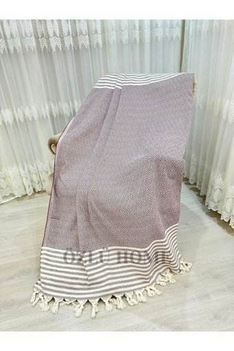 Özlü Home Pamuklu Örgü Saçaklı Süngersiz Çizgili Bordo Tekli Koltuk Örtüsü 180x220 cm