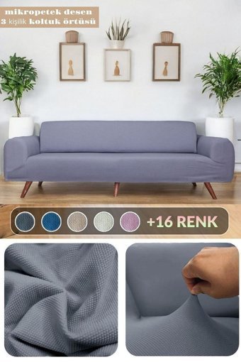 Btf Home Polyester Likralı Jakarlı Süngersiz Armürlü Giydirmeli Lastikli Gri Üçlü Koltuk Örtüsü 180x230 cm