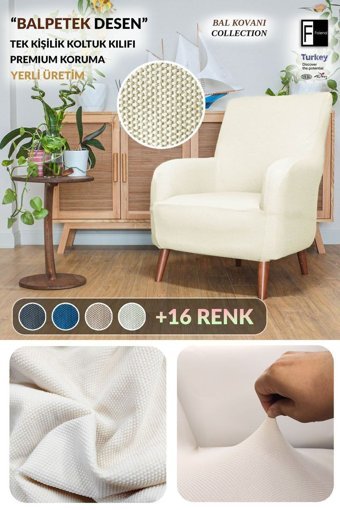 Faiend Pamuklu - Polyester Jakarlı Süngersiz Petek Desenli Giydirmeli Bej Tekli Koltuk Örtüsü 180x250 cm
