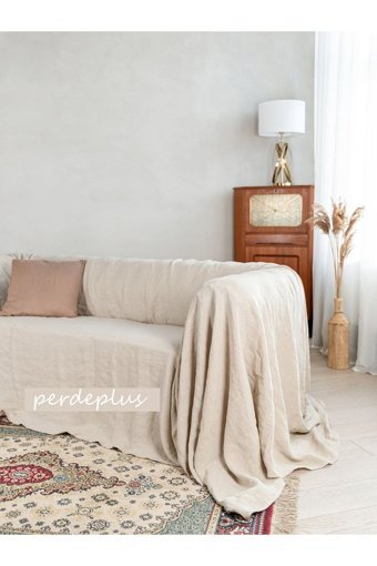 Perdeplus Pamuklu Örgü Jakarlı Süngersiz Geometrik Desenli Bej Tekli Koltuk Örtüsü 240x220 cm