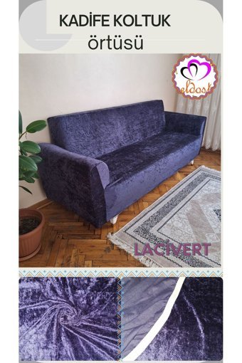 Eldost Ticaret Polyester Likralı Jakarlı Süngersiz Armürlü Giydirmeli Lacivert Üçlü Koltuk Örtüsü 180x230 cm