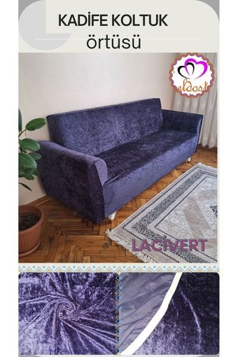 Eldost Ticaret Polyester Likralı Jakarlı Süngersiz Armürlü Giydirmeli Lacivert Üçlü Koltuk Örtüsü 180x230 cm