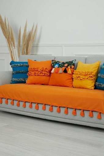 Aisha's Design KO-26 Polyester Örgü Püsküllü Süngersiz Düz Turuncu Tekli Koltuk Örtüsü 90x210 cm
