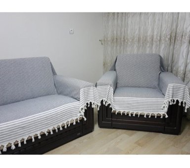 Genç Uludağ Pamuklu Püsküllü Süngersiz Çizgili Gri Tekli Koltuk Örtüsü 180x300 cm