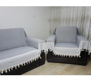 Genç Uludağ Pamuklu Püsküllü Süngersiz Çizgili Gri Tekli Koltuk Örtüsü 180x300 cm