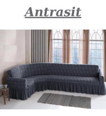 E Bahar Pamuklu - Polyester Likralı Jakarlı Süngersiz Armürlü Giydirmeli Gri Dörtlü Koltuk Örtüsü 300x350 cm