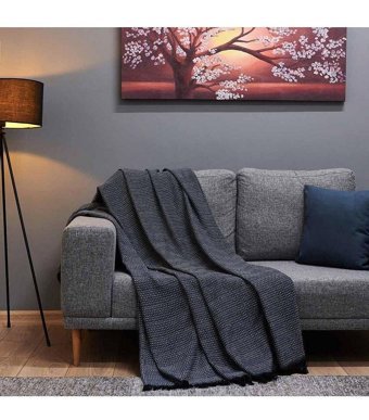 Buca Yün Pamuklu - Polyester Kanvas Jakarlı Süngersiz Armürlü Lacivert Üçlü Koltuk Örtüsü 170x230 cm