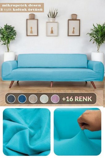 Btf Home Polyester Likralı Jakarlı Süngersiz Armürlü Giydirmeli Lastikli Turkuaz Üçlü Koltuk Örtüsü 180x230 cm