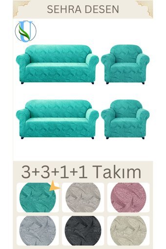 Uy Style Tekstil Likralı Jakarlı Süngerli Armürlü Giydirmeli Yeşil Dörtlü Koltuk Örtüsü 180x230 cm