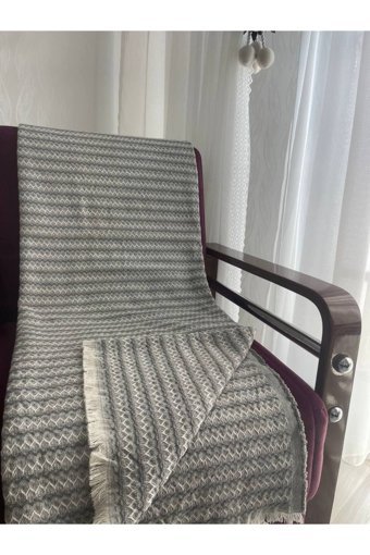 Yaren Çeyiz Pamuklu Polar Saçaklı Süngersiz Çizgili Gri Tekli Koltuk Örtüsü 170x200 cm