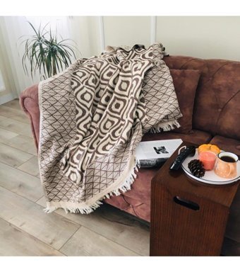 Kande Cotton Pamuklu Püsküllü Süngersiz Geometrik Desenli Kahverengi Tekli Koltuk Örtüsü 130x170 cm