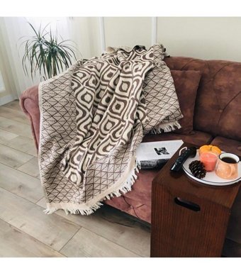 Kande Cotton Pamuklu Püsküllü Süngersiz Geometrik Desenli Kahverengi Tekli Koltuk Örtüsü 130x170 cm