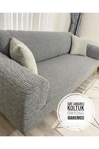 Hanemce Pamuklu - Polyester Süngersiz Kırçıllı Giydirmeli Gri Üçlü Koltuk Örtüsü 180x237 cm