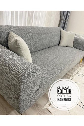 Hanemce Pamuklu - Polyester Süngersiz Kırçıllı Giydirmeli Gri Üçlü Koltuk Örtüsü 180x237 cm