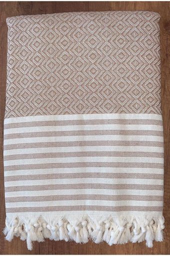 Rozet Tekstil Pamuklu Örgü Püsküllü Süngersiz Geometrik Desenli Bej Tekli Koltuk Örtüsü 170x200 cm