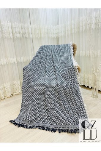 Özlü Home Pamuklu - Polyester Örgü Saçaklı Süngersiz Geometrik Desenli Mavi Tekli Koltuk Örtüsü 170x220 cm