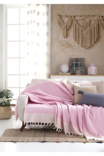 Lux Touch Bergama Pamuklu Püsküllü Süngersiz Geometrik Desenli Pembe Tekli Koltuk Örtüsü 170x200 cm