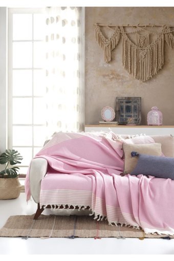 Lux Touch Bergama Pamuklu Püsküllü Süngersiz Geometrik Desenli Pembe Tekli Koltuk Örtüsü 170x200 cm
