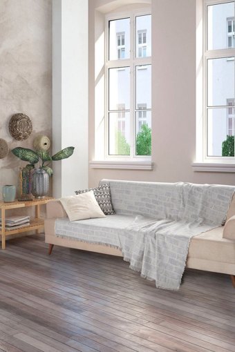 Miracolo Home Pamuklu - Polyester Saçaklı Süngersiz Geometrik Desenli Gri Tekli Koltuk Örtüsü 180x220 cm