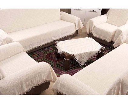 Buldan Pamuklu Kanvas Saçaklı Süngersiz Armürlü Bej Sekizli Koltuk Örtüsü 175x300 cm