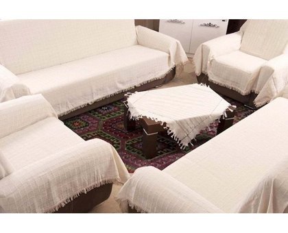 Buldan Pamuklu Kanvas Saçaklı Süngersiz Armürlü Bej Sekizli Koltuk Örtüsü 175x300 cm