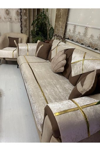 Tekstilsa Kadife Polar Varaklı Süngerli Bej İkili Koltuk Örtüsü 200x70 cm