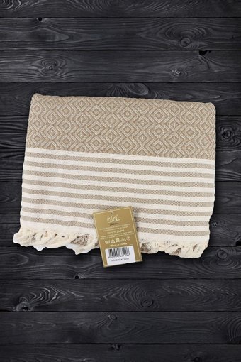 Ödel Buldan Somon Pamuklu Örgü Jakarlı Süngersiz Çizgili Bej Tekli Koltuk Örtüsü 180x230 cm