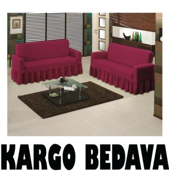 Altın Kelebek Pamuklu - Polyester Bürümcük Fırfırlı Süngersiz Giydirmeli Lastikli Bordo İkili Koltuk Örtüsü 140x180 cm