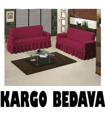 Altın Kelebek Pamuklu - Polyester Bürümcük Fırfırlı Süngersiz Giydirmeli Lastikli Bordo İkili Koltuk Örtüsü 140x180 cm