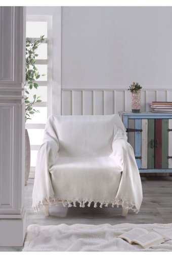 Ladynil Natural Pamuklu Saçaklı Süngersiz Çizgili Ekru Tekli Koltuk Örtüsü 160x160 cm