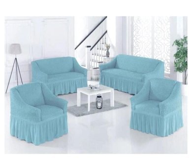 Uytm Polyester Bürümcük-Likralı Drapeli Süngerli Çizgili Giydirmeli Turkuaz Dörtlü Koltuk Örtüsü 180x230 cm