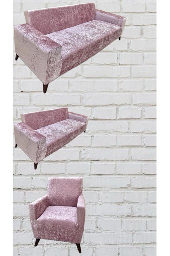 Şahane Ev Kadife Likralı Jakarlı Süngersiz Çizgili Giydirmeli Pembe Üçlü Koltuk Örtüsü 140 cm