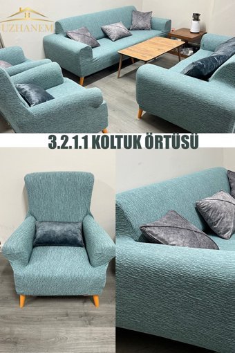 Uzhanem Pamuklu - Polyester Bürümcük-Likralı Jakarlı Süngerli Çizgili Giydirmeli Yeşil Dörtlü Koltuk Örtüsü 183x230 cm