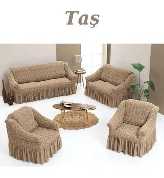 Kanway Likralı Jakarlı Süngersiz Damask Desenli Giydirmeli Kahverengi 3-2-1-1 Koltuk Örtüsü 180x230 cm