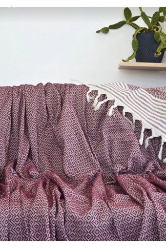 Poliko Evtekstili Pamuklu Örgü Püsküllü Süngersiz Geometrik Desenli Mor Tekli Koltuk Örtüsü 180x300 cm