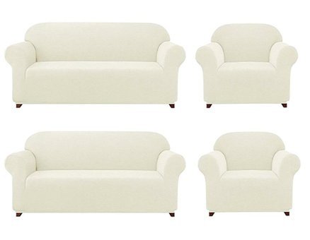 Bright Home Polyester Likralı Süngersiz Pitikare Desenli Giydirmeli Lastikli Bej Dörtlü Koltuk Örtüsü 180x230 cm