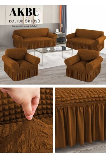 Akbu Pamuklu - Polyester Bürümcük Fırfırlı Süngersiz Giydirmeli Lastikli Kahverengi Dörtlü Koltuk Örtüsü 183x230 cm