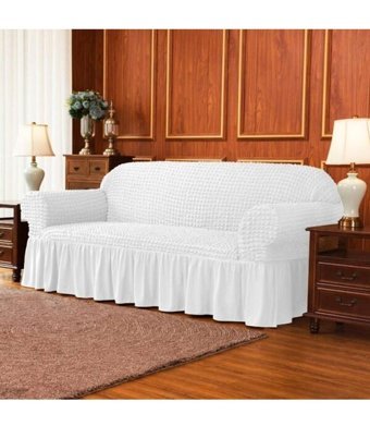 Elgeyar Pamuklu - Polyester Bürümcük Jakarlı Süngerli Armürlü Giydirmeli Beyaz Üçlü Koltuk Örtüsü 183x230 cm