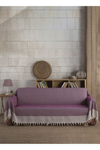 Lux Touch Pamuklu Püsküllü Süngersiz Geometrik Desenli Mor Tekli Koltuk Örtüsü 180x300 cm