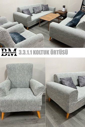 Bonjourmadame Polyester Süngersiz Çizgili Giydirmeli Lastikli Gri Dörtlü Koltuk Örtüsü 180x230 cm