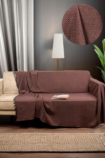 Mariva Home Diamond Pamuklu Saçaklı Süngersiz Geometrik Desenli Kahverengi Tekli Koltuk Örtüsü 170x210 cm