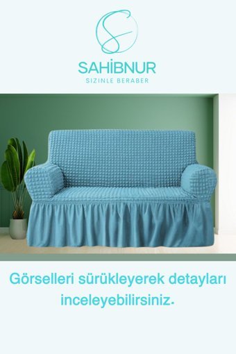 Sahibnur Pamuklu - Polyester Bürümcük Jakarlı Süngersiz Geometrik Desenli Giydirmeli Turkuaz Tekli Koltuk Örtüsü 140x180 cm