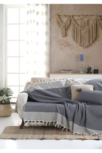 Lux Touch Bergama Pamuklu Püsküllü Süngersiz Geometrik Desenli Lacivert Tekli Koltuk Örtüsü 170x200 cm