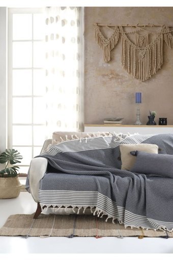 Lux Touch Bergama Pamuklu Püsküllü Süngersiz Geometrik Desenli Lacivert Tekli Koltuk Örtüsü 170x200 cm