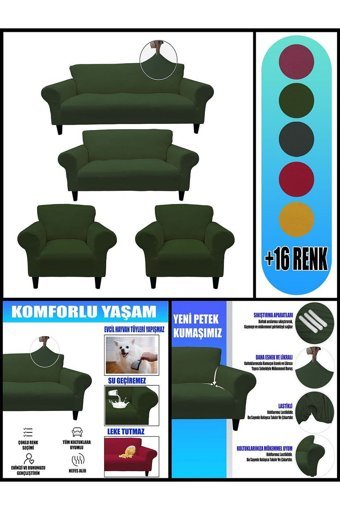 Kılıfsan Polyester Süngersiz Düz Giydirmeli Haki Dörtlü Koltuk Örtüsü 140 cm
