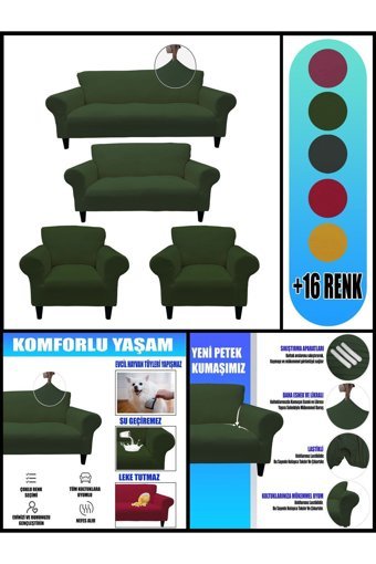 Kılıfsan Polyester Süngersiz Düz Giydirmeli Haki Dörtlü Koltuk Örtüsü 140 cm