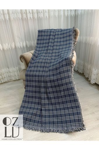 Özlü Home Pamuklu Örgü Saçaklı Süngersiz Armürlü Lacivert Tekli Koltuk Örtüsü 170x220 cm